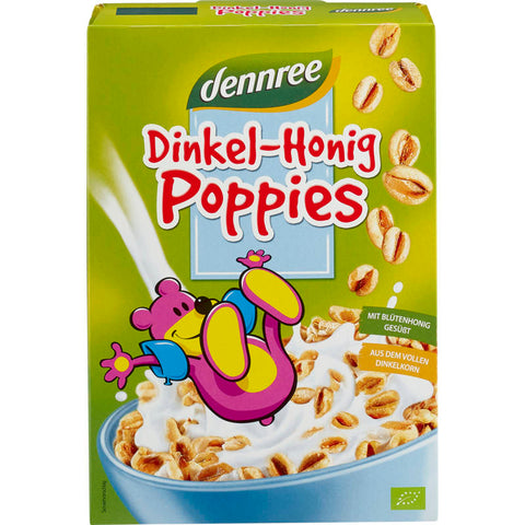 Eine Packung Dinkel-Honig-Poppies, knusprige und goldbraune Snacks aus Dinkel und Honig, ideal für ein gesundes Frühstück oder einen leckeren Snack zwischendurch.