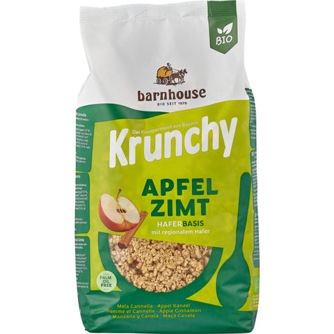 Verpackung von Krunchy Apfel Zimt Müsli, eine köstliche Mischung aus knusprigen Haferflocken, getrockneten Apfelstücken und einer Prise Zimt, ideal für ein gesundes Frühstück oder einen Snack.