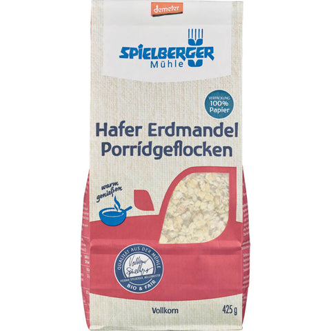 Verpackung des Hafer Erdmandel Porridge von demeter, eine Bio-Frühstücksmischung aus Haferflocken und Erdmandeln.