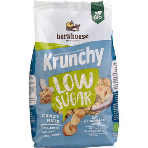 Krunchy Low Sugar Crazy Nuts Müsli - Knuspriges Müsli mit geringem Zuckergehalt und einer Mischung aus verschiedenen Nüssen, ideal für ein gesundes Frühstück.