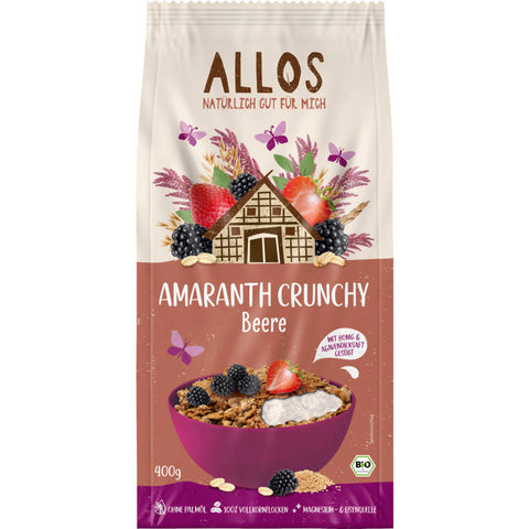 Eine Packung Amaranth Crunchy Beeren, ein knuspriges Müsli mit Amaranth und einer Mischung aus getrockneten Beeren, ideal für ein gesundes Frühstück oder als Snack.