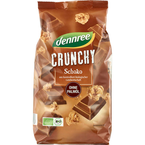 Eine Schüssel mit knusprigem Schoko Crunchy Müsli, gefüllt mit knusprigen Haferflocken und reichhaltigen Schokoladenstückchen.