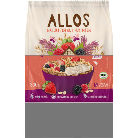 Hof Granola Wildbeere in einer umweltfreundlichen Verpackung, gefüllt mit knusprigem Müsli und getrockneten Wildbeeren, ideal für ein gesundes Frühstück oder einen Snack.