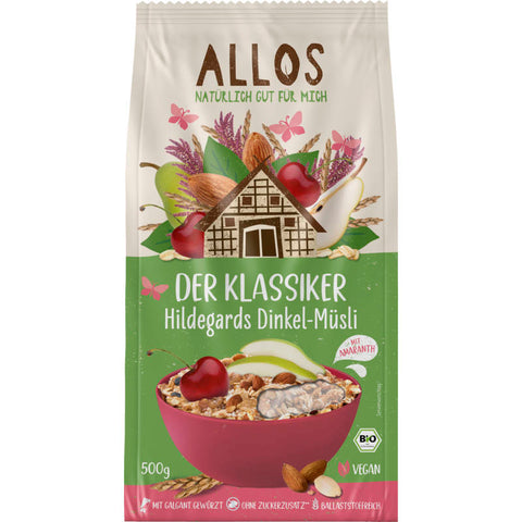 Verpackung des Hildegard Müsli mit einer Mischung aus Haferflocken, Nüssen und getrockneten Früchten, ideal für ein gesundes Frühstück.