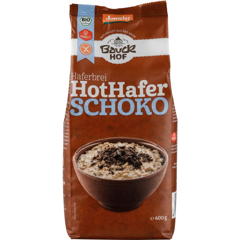 Glutenfreier Hot Hafer Schoko - cremiger Haferbrei mit Schokoladengeschmack in einer Verpackung