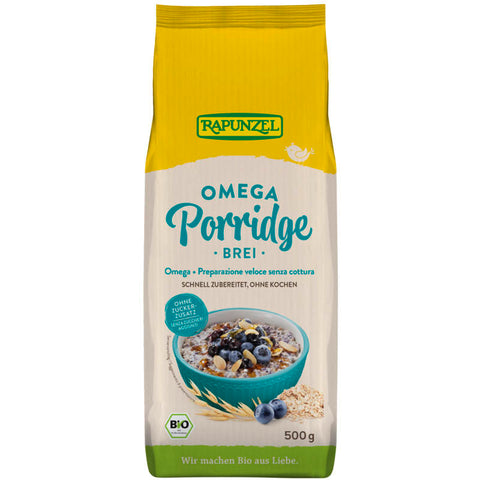 Verpackung des Frühstücksbreis 'Porridge Omega' mit gesunden Zutaten und Omega-3-Fettsäuren, ideal für einen nahrhaften Start in den Tag.