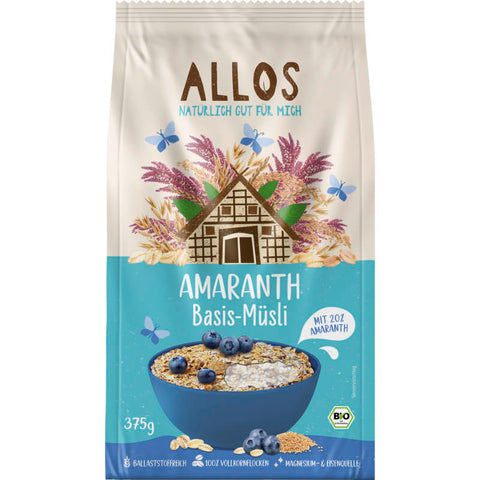 Amaranth Basis Müsli in einer Schüssel, bestehend aus knusprigen Amaranthflocken, Haferflocken, Nüssen und getrockneten Früchten, ideal für ein gesundes Frühstück.