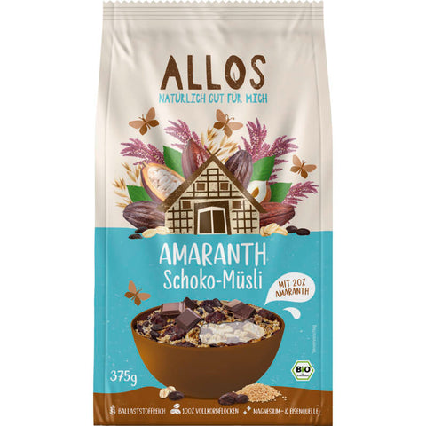 Eine Packung Amaranth Schoko Müsli mit knusprigen Amaranth-Körnern, Schokoladenstückchen und Haferflocken, ideal für ein gesundes und leckeres Frühstück.