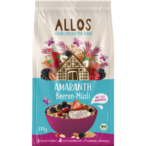 Eine Schale mit Amaranth Beeren Müsli, gefüllt mit knusprigen Amaranth-Flocken, getrockneten Beeren und Nüssen.