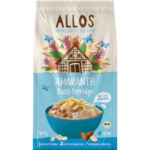 Packung Amaranth Basis Porridge, eine gesunde Frühstücksoption aus Amaranthkörnern, ideal für einen nahrhaften Start in den Tag.