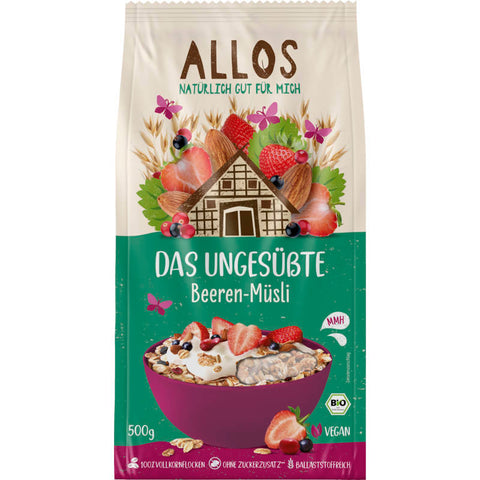 Eine Packung des ungesüßten Beeren-Müslis, gefüllt mit einer Mischung aus Haferflocken, getrockneten Beeren und Nüssen, ideal für ein gesundes Frühstück ohne zusätzlichen Zucker.