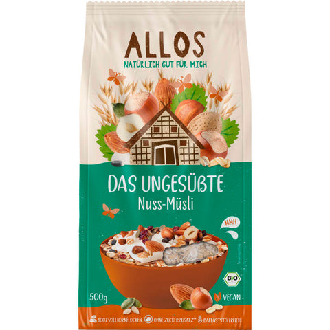 Eine Packung Das Ungesüßte Nuss-Müsli mit einer Mischung aus verschiedenen Nüssen und Getreideflocken, ideal für ein gesundes Frühstück ohne zugesetzten Zucker.