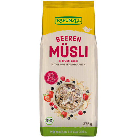 Verpackung des Alpen-Amaranth Müsli Beeren mit einer Mischung aus knusprigen Getreideflocken, Amaranth und getrockneten Beeren, ideal für ein gesundes Frühstück.