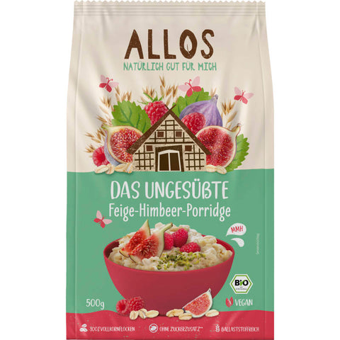 Eine Packung Der Ungesüßte Feige Himbeer Porridge mit einer Abbildung von frischen Feigen und Himbeeren auf der Vorderseite.