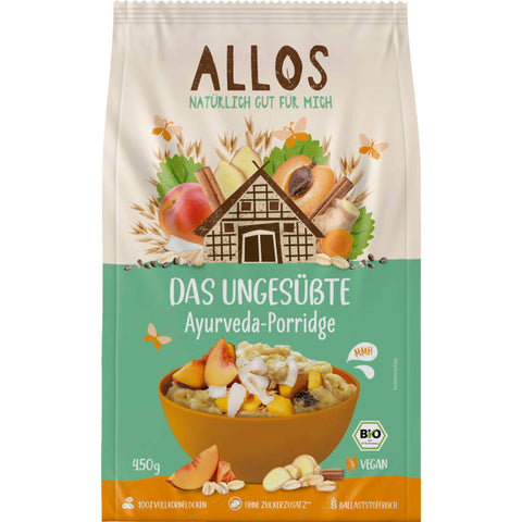 Verpackung des ungesüßten Ayurveda Porridge, eine gesunde Frühstücksoption mit natürlichen Zutaten und ayurvedischen Gewürzen.