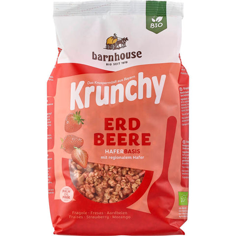 Verpackung von Krunchy Erdbeere Müsli, knuspriges Müsli mit getrockneten Erdbeerstücken, 375g Packung