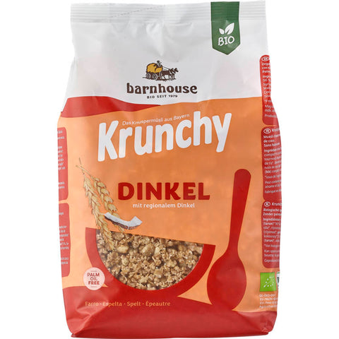 Verpackung von Krunchy Dinkel Müsli, eine knusprige und gesunde Frühstücksoption aus Dinkelgetreide, ideal für einen energiereichen Start in den Tag.