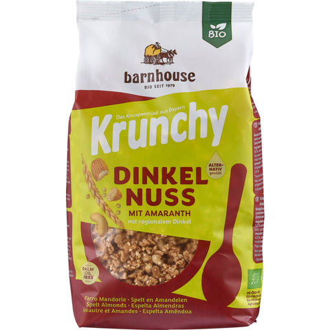 Verpackung des Krunchy Amaranth Dinkel-Nuss Müslis, eine Mischung aus knusprigen Amaranth- und Dinkelflocken mit Nüssen, ideal für ein gesundes Frühstück.