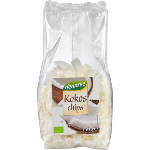 Eine Packung ungesüßte Kokoschips, knusprig und natürlich, ideal als gesunder Snack oder zum Verfeinern von Gerichten.