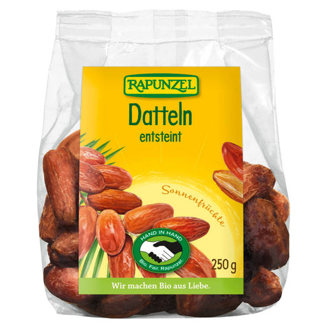 Eine Packung hochwertiger Deglet Nour Datteln, bekannt für ihre natürliche Süße und weiche Textur, ideal als gesunder Snack oder zum Verfeinern von Gerichten.