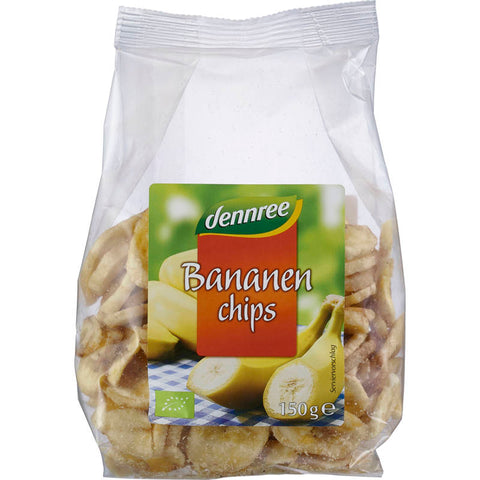 Knusprige Bananenchips in einer transparenten Tüte, perfekt als gesunder Snack für zwischendurch.