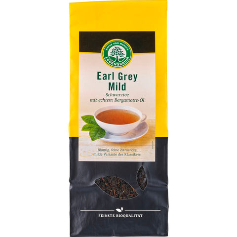 Eine Packung Earl Grey Mild Tee, verpackt in einer eleganten, blauen Schachtel mit goldenen Akzenten. Der Tee verspricht einen milden, aromatischen Geschmack mit einer feinen Bergamotte-Note.