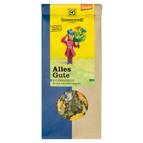 Eine Packung 'Alles Gute Kräutertee' mit einer ansprechenden Verpackung, die verschiedene Kräuter und Blumen zeigt. Der Tee verspricht eine wohltuende und beruhigende Wirkung.