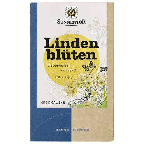 Getrocknete Lindenblüten in einer transparenten Verpackung, ideal für die Zubereitung von beruhigendem Tee.