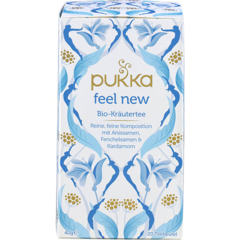 Feel New Kräutertee von Pukka in einer stilvollen Verpackung, ideal für eine erfrischende und wohltuende Teepause.