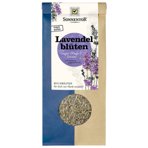 Getrocknete Lavendelblüten in einem Glasbehälter, ideal für Aromatherapie, Tees und handgemachte Seifen.