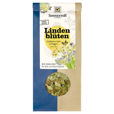 Getrocknete Lindenblüten in einer transparenten Verpackung, ideal für die Zubereitung von beruhigendem Tee.