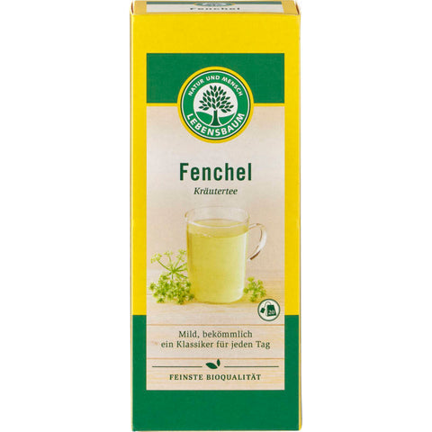 Eine Tasse dampfender Fenchel Kräutertee, umgeben von frischen Fenchelsamen und grünen Fenchelblättern, die die natürliche und beruhigende Essenz dieses Tees hervorheben.