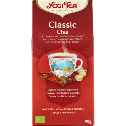 Eine Packung Classic Chai Tee mit einer Mischung aus aromatischen Gewürzen und schwarzem Tee, ideal für eine wärmende und wohltuende Tasse Chai.