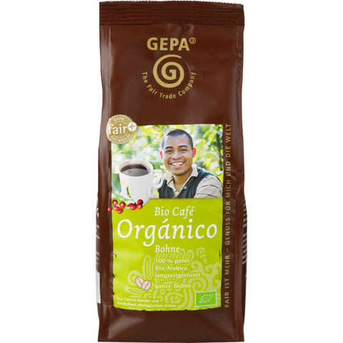 Verpackung von Café Organico, ganze Bohne – Bio-Kaffee in einer umweltfreundlichen Tüte, ideal für Kaffeeliebhaber, die Wert auf Nachhaltigkeit und hochwertigen Geschmack legen.