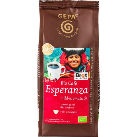 Bio Café Esperanza gemahlen – Aromatischer, fair gehandelter Kaffee aus biologischem Anbau, ideal für Filterkaffee und French Press.