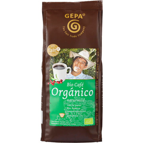 Bio Café Organico gemahlen in einer umweltfreundlichen Verpackung, ideal für Liebhaber von nachhaltigem und aromatischem Kaffee.