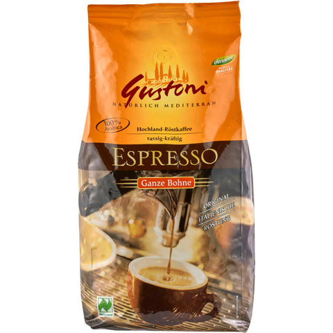 Verpackung mit ganzen Espressobohnen, ideal für frisch gemahlenen Kaffee und intensiven Geschmack.