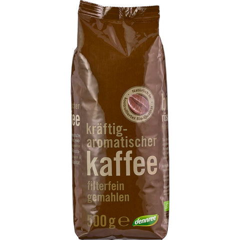 Packung gemahlener Röstkaffee, aromatisch und vollmundig, ideal für die Zubereitung von Filterkaffee oder Espresso.