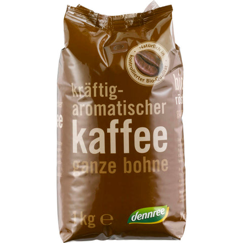 Packung mit Röstkaffee, ganze Bohnen, aromatisch und frisch geröstet