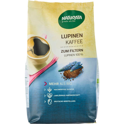 Lupinenkaffee zum Filtern in einer umweltfreundlichen Verpackung, ideal für eine koffeinfreie und nachhaltige Kaffeealternative.