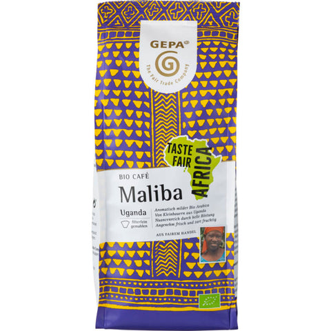 Packung Café Maliba gemahlen, aromatischer Kaffee aus hochwertigen Bohnen, ideal für Filterkaffee und French Press.