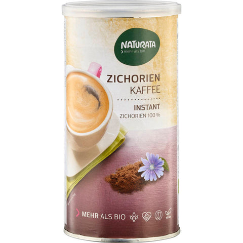 Eine Packung Zichorienkaffee, ein koffeinfreier Kaffeeersatz aus gerösteten Zichorienwurzeln, ideal für eine gesunde und magenfreundliche Alternative zu herkömmlichem Kaffee.