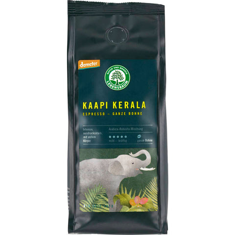 Verpackung von Kaapi Kerala Espresso, einem hochwertigen indischen Kaffee mit intensivem Aroma und vollmundigem Geschmack.