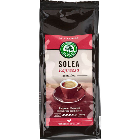 Gemahlener Solea Espresso in einer Verpackung, ideal für die Zubereitung von aromatischem und intensivem Kaffee.