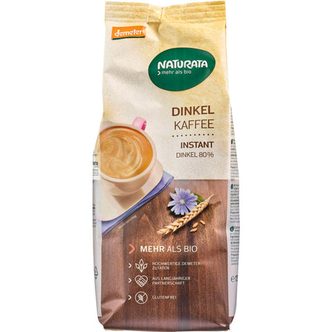 Packung Dinkelkaffee - instant, koffeinfreies Getreidekaffee-Getränk aus Dinkel, schnell löslich und ideal für eine gesunde Kaffee-Alternative.