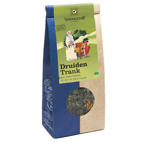 Eine Packung Druidentrank Kräutertee mit einer Mischung aus verschiedenen Kräutern, die in einer rustikalen, naturbelassenen Verpackung präsentiert wird.