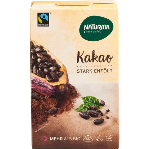 Verpackung von stark entöltem Kakao, ideal zum Backen und für heiße Schokoladengetränke, mit einem intensiven und reichhaltigen Geschmack.