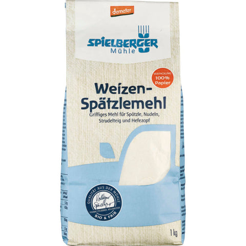 Packung Weizen-Spätzlemehl von demeter, ideal für die Zubereitung traditioneller Spätzle