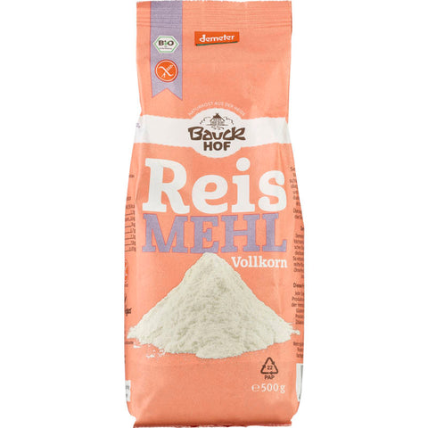 Packung Reismehl Vollkorn glutenfrei, ideal für glutenfreie Back- und Kochrezepte, in einer umweltfreundlichen Verpackung.