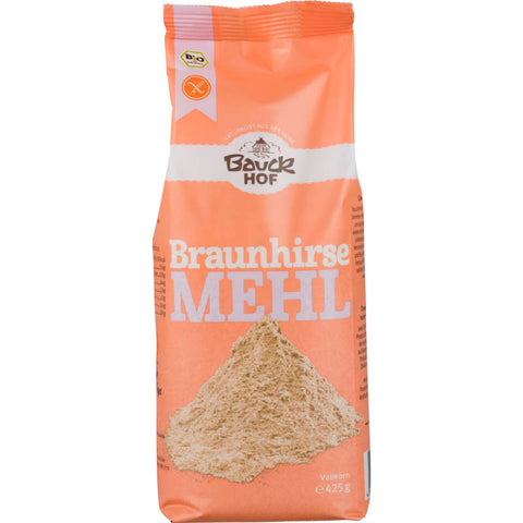 Braunhirsemehl glutenfrei in einer umweltfreundlichen Verpackung, ideal für glutenfreie Back- und Kochrezepte.